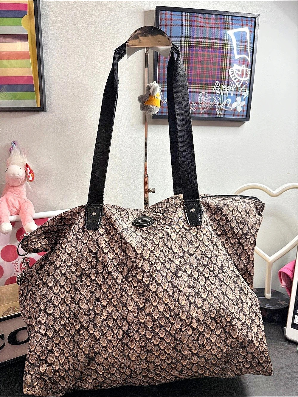 Coach Poppy Snake Print Foldable Packable Shopper Tote Brown & Black